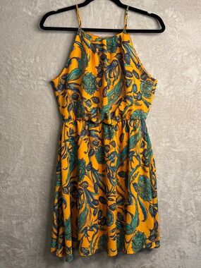 Cals Orange Floral Halter Mini Dress with Teal Accents